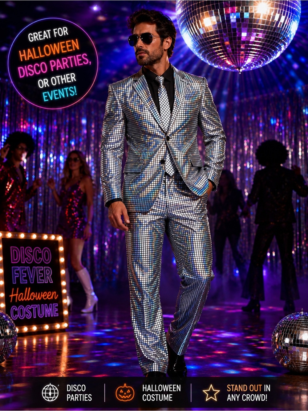 OPPOSUITS Men’s Holographic Silver Suit 3-Piece Jacket Pants & Tie Size 44 NWOT